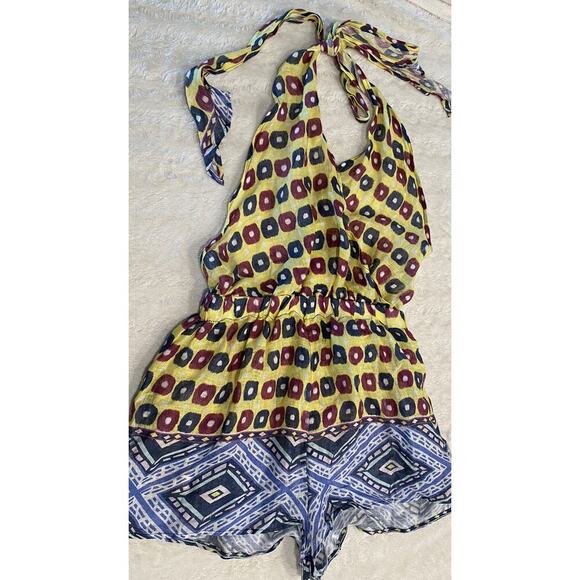 Suno Size Small Tribal Print Artsy Romper Halter Linen Resort Travel Boho FLAWED - Picture 1 of 12